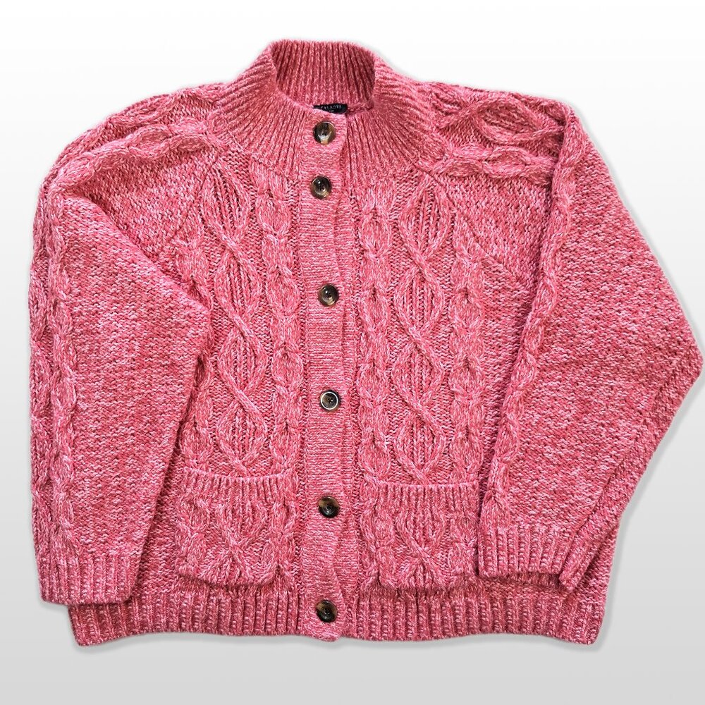Talbots Red Marl Chunky Cable Knit Mock Neck Cardigan Front Pockets Size 3X